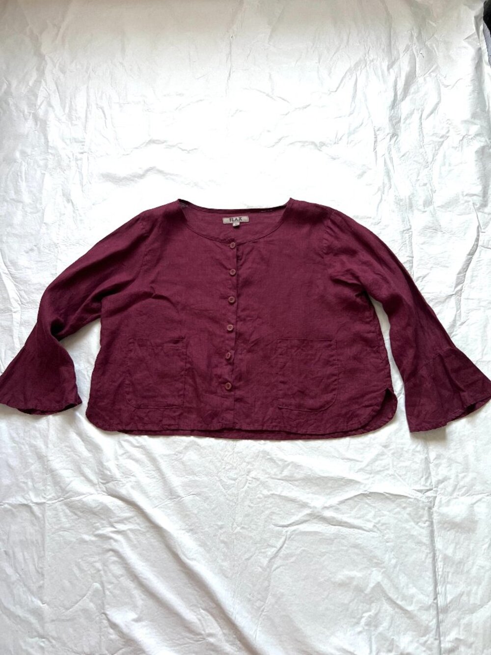 FLAX linen top maroon red button front womens medium round neck bell sleeve